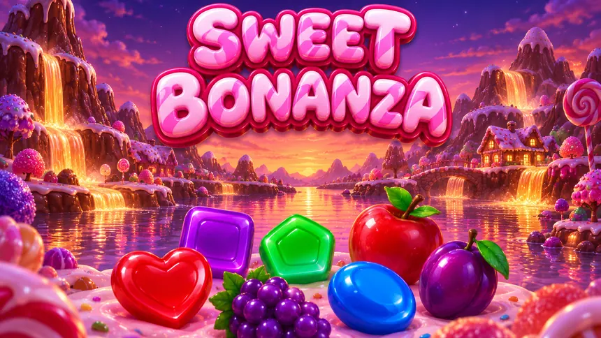 Gün batımında şekerden dağların ve nehrin önünde Sweet Bonanza yazısı, şeker ve meyve sembolleri